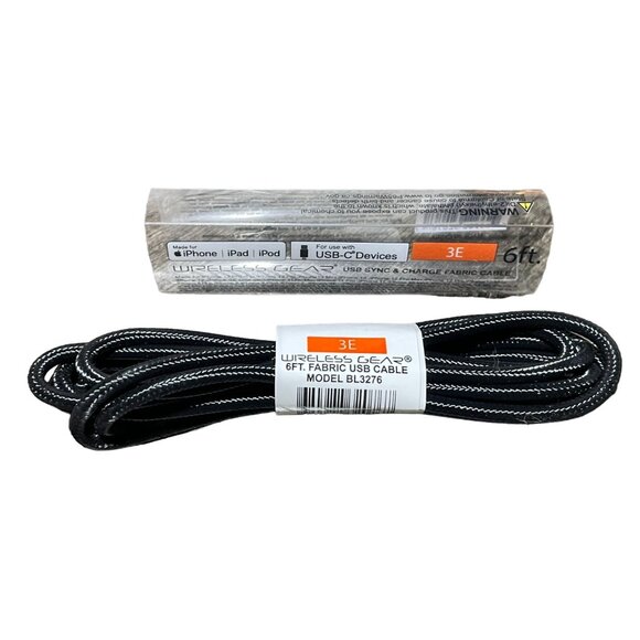 USB-2.0 Type C to Lightning 6' Black fabric for iPhone Apple iPad laptop 3E - Picture 1 of 8